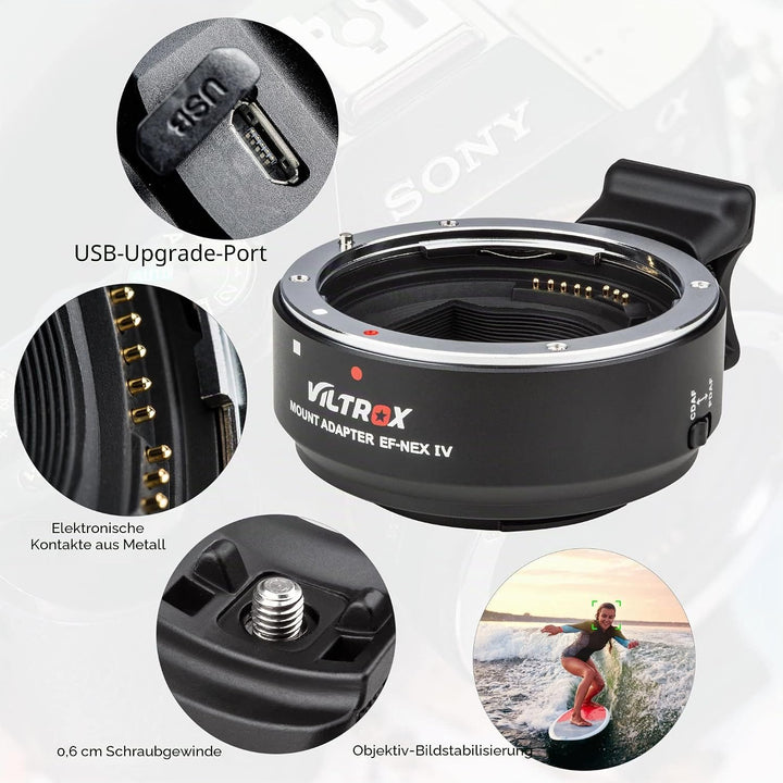 VILTROX EF-NEX IV Objektiv-Adapter CDAF/PDAF mit Blendensteuerung EXIF Übertragung Autofokusadapter