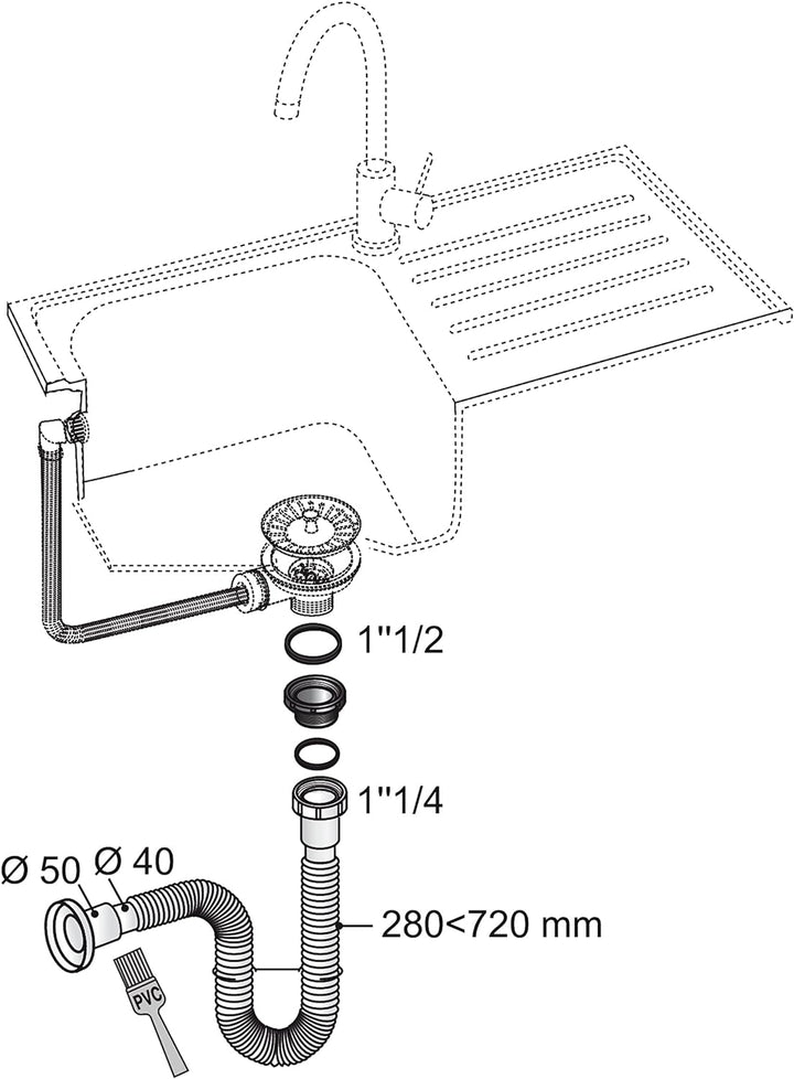 Wirquin 30722044 Siphon ausziehbar Chrom Einbauspüle, D40 – 50, Chrom