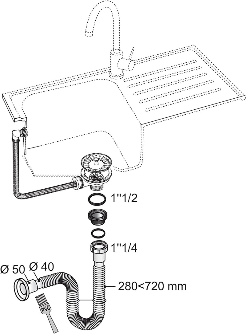 Wirquin 30722044 Siphon ausziehbar Chrom Einbauspüle, D40 – 50, Chrom