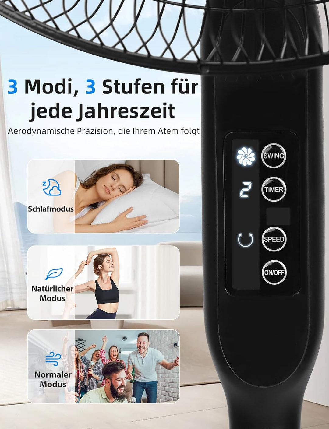 Taylor Swoden Standventilator mit Fernbedienung, Leise, 9h Timer, LED-Anzeige, 7-Flügel, Höhenverste