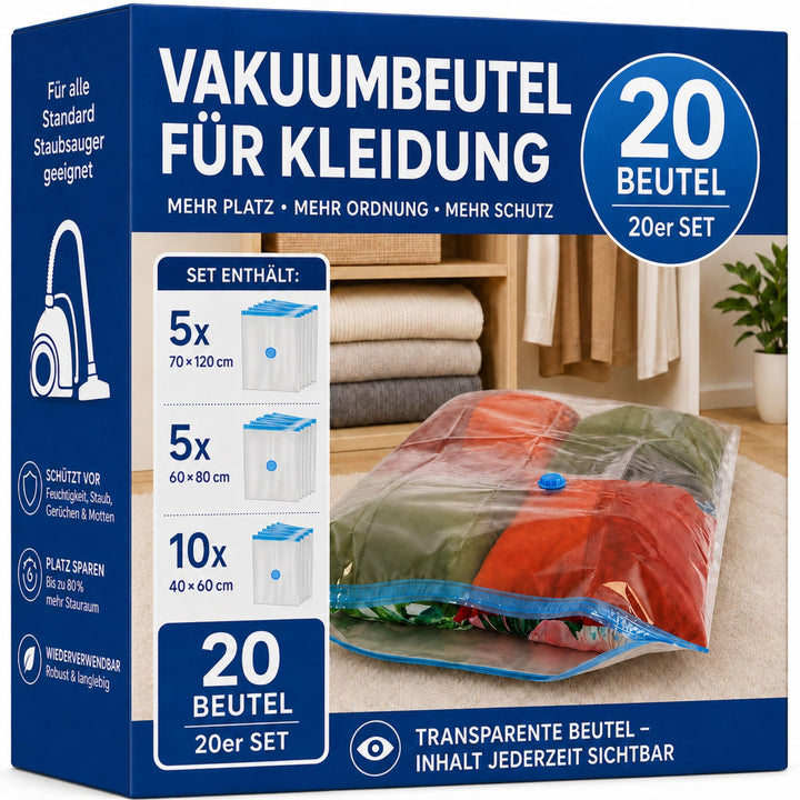 Kronenburg Vakuumbeutel für Kleidung 20er Set - Vakuum Kleiderbeutel wiederverwendbar – 3 Grössen Au
