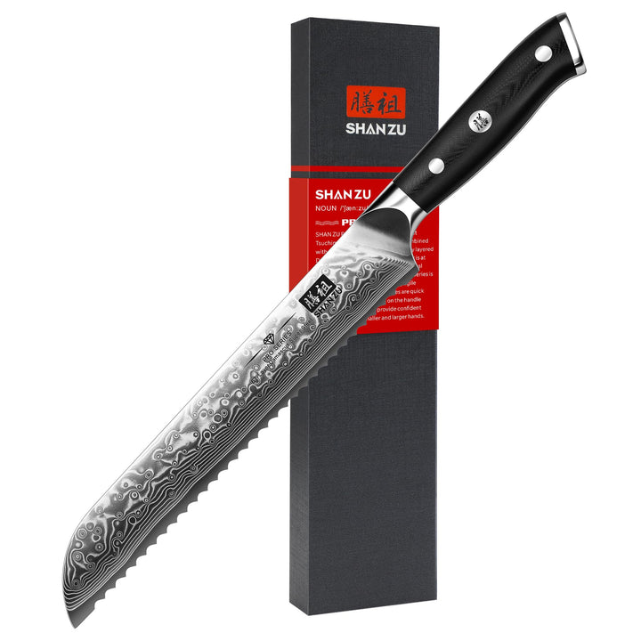 SHAN ZU 20 cm Damast Brotmesser mit Wellenschliff, 67 Lagen Japanischer Damaststahl, Kuchenmesser au