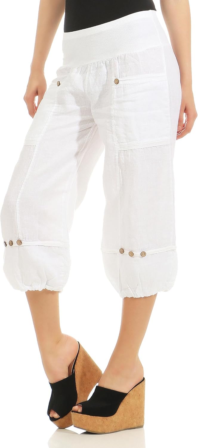 Malito Damen Hose aus Leinen | Stoffhose in Uni Farben | Freizeithose für den Strand | Chino - Capri