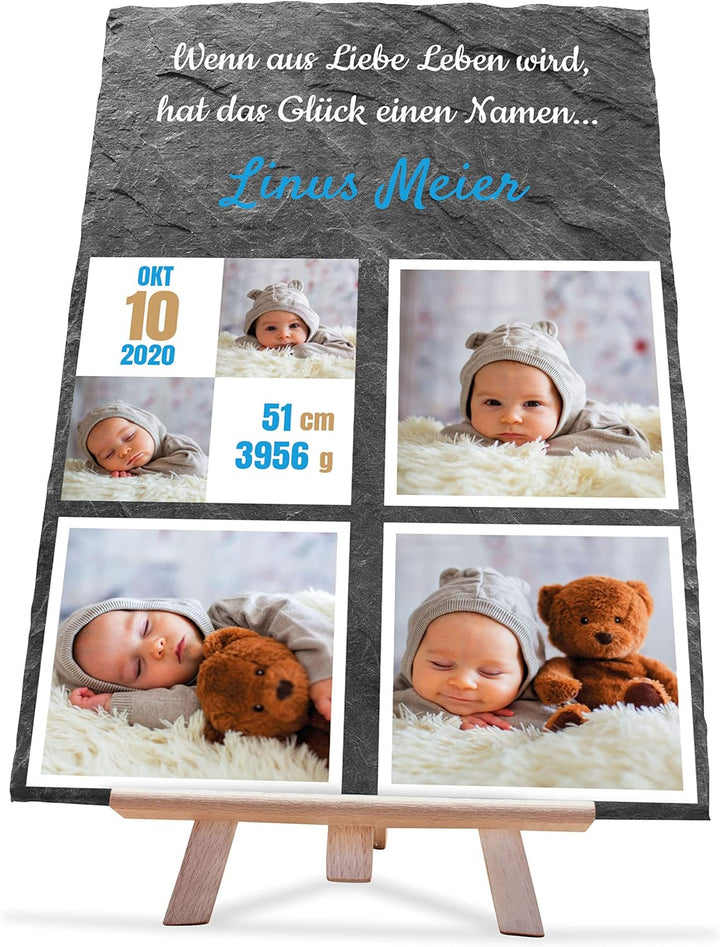 wandmotiv24 Schieferplatte mit eigenen Fotos zur Geburt, 20 x 30 cm, inklusive Staffelei, 5 Fotos +