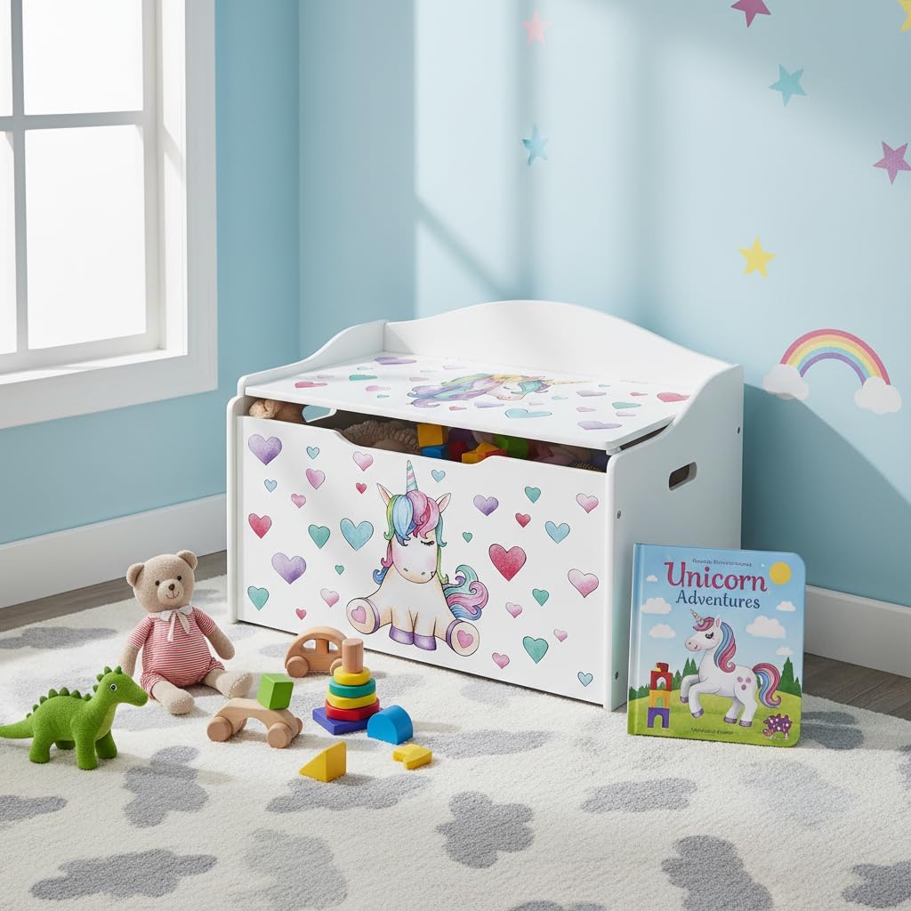 Leomark Kinderbank Hölzerne - Unicorn - Kindertruhenbank, Behälter für Spielzeug, Truhe für Kinderzi