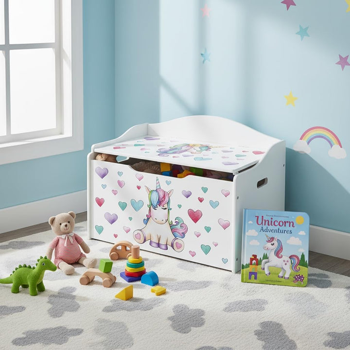 Leomark Kinderbank Hölzerne - Unicorn - Kindertruhenbank, Behälter für Spielzeug, Truhe für Kinderzi