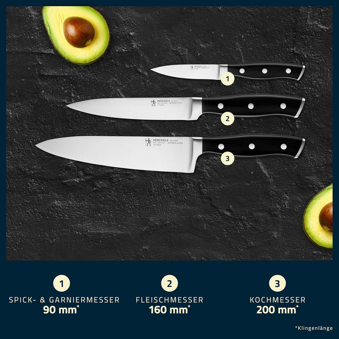 HENCKELS by ZWILLING Accent Messerset 3-tlg, Spick-, Fleisch- und Kochmesser, Schwarz mit Nieten