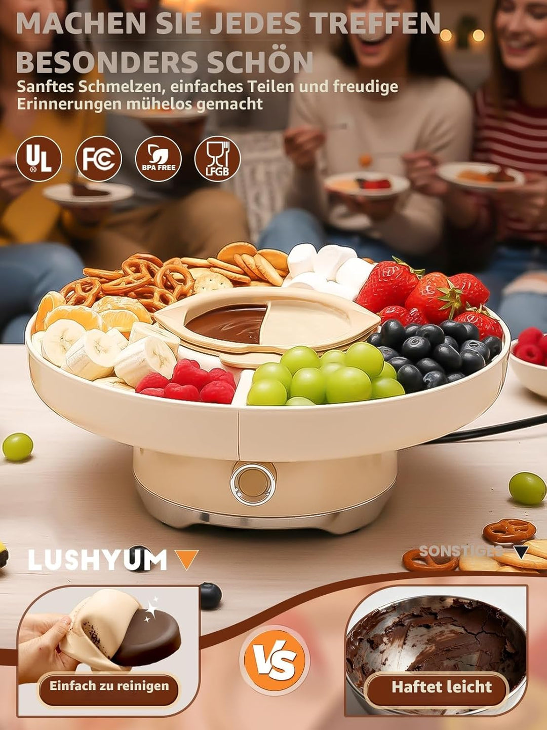 Schokofondue Set elektrisch, 800 ml Schokoladenschmelzer mit drehbarer Servierschale Fondueset, 4 Fä