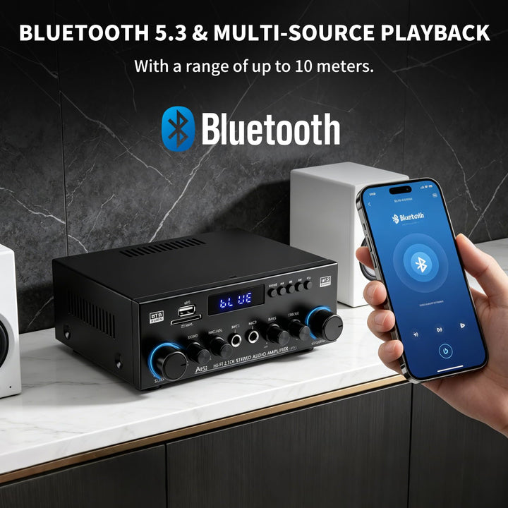 2.1-Kanal Bluetooth 5.3 HiFi-Verstärker mit Subwoofer – 1000W Peak | (50W+50W RMS) SD/USB/FM Radio |