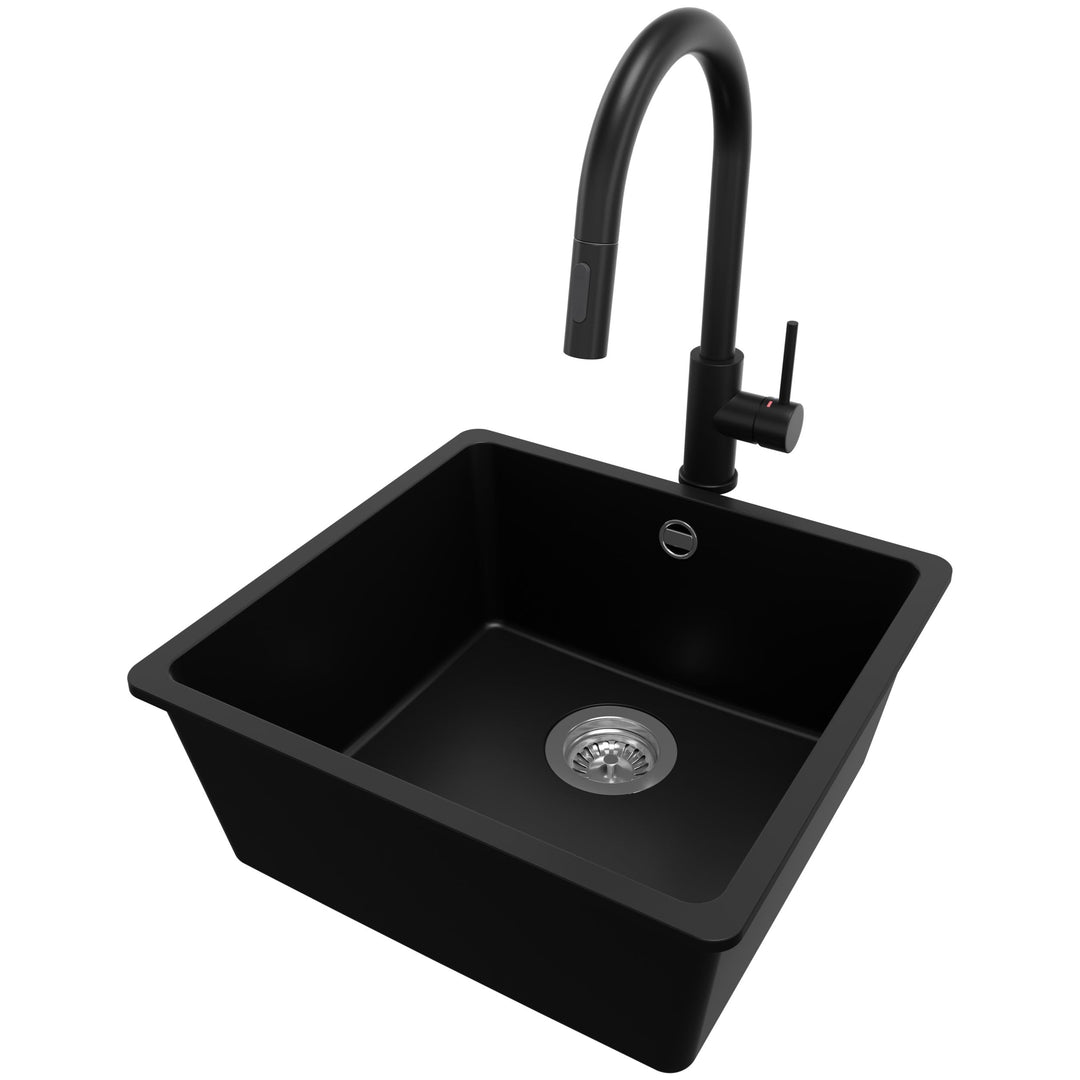 Unterbauspüle Granit Schwarz 46x44 cm, Granitspüle 1 Becken + Ablauf-Set + Küchenarmatur, Küchenspül