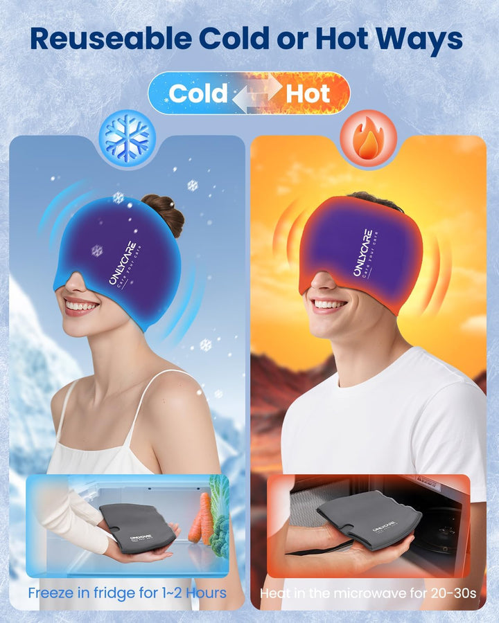 ONLYCARE Migräne Maske, Upgraded Kühlmaske Schlafmaske Kühlmütze Kühlhaube 360° Gel Surround kühlpad