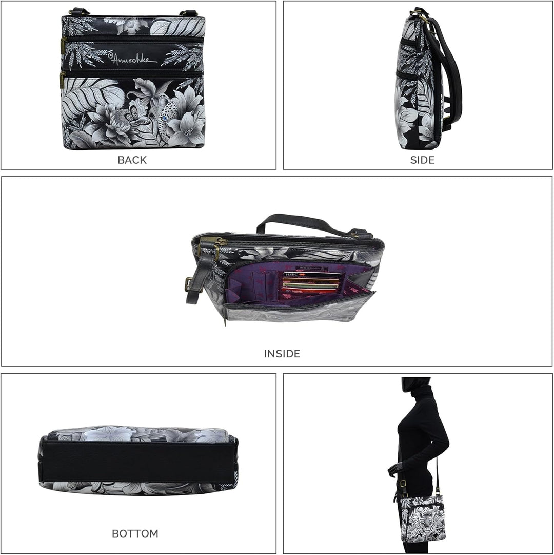 Anuschka Handbemalte Crossbody Tasche mit Organizerfach & RFID-Schutz, Cleopatra S Leopard