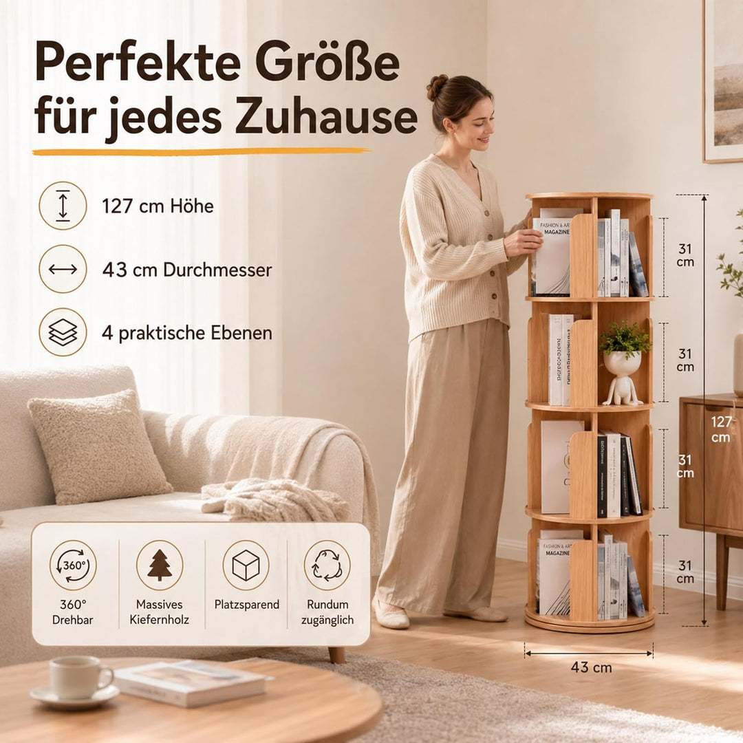 Drehbares Bücherregal aus Holz - 100% Massivholz - Premium Qualität - Platzsparend - Drehregal Büche