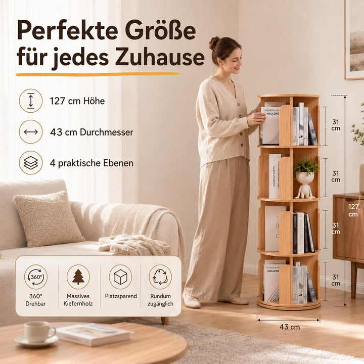 Drehbares Bücherregal aus Holz - 100% Massivholz - Premium Qualität - Platzsparend - Drehregal Büche