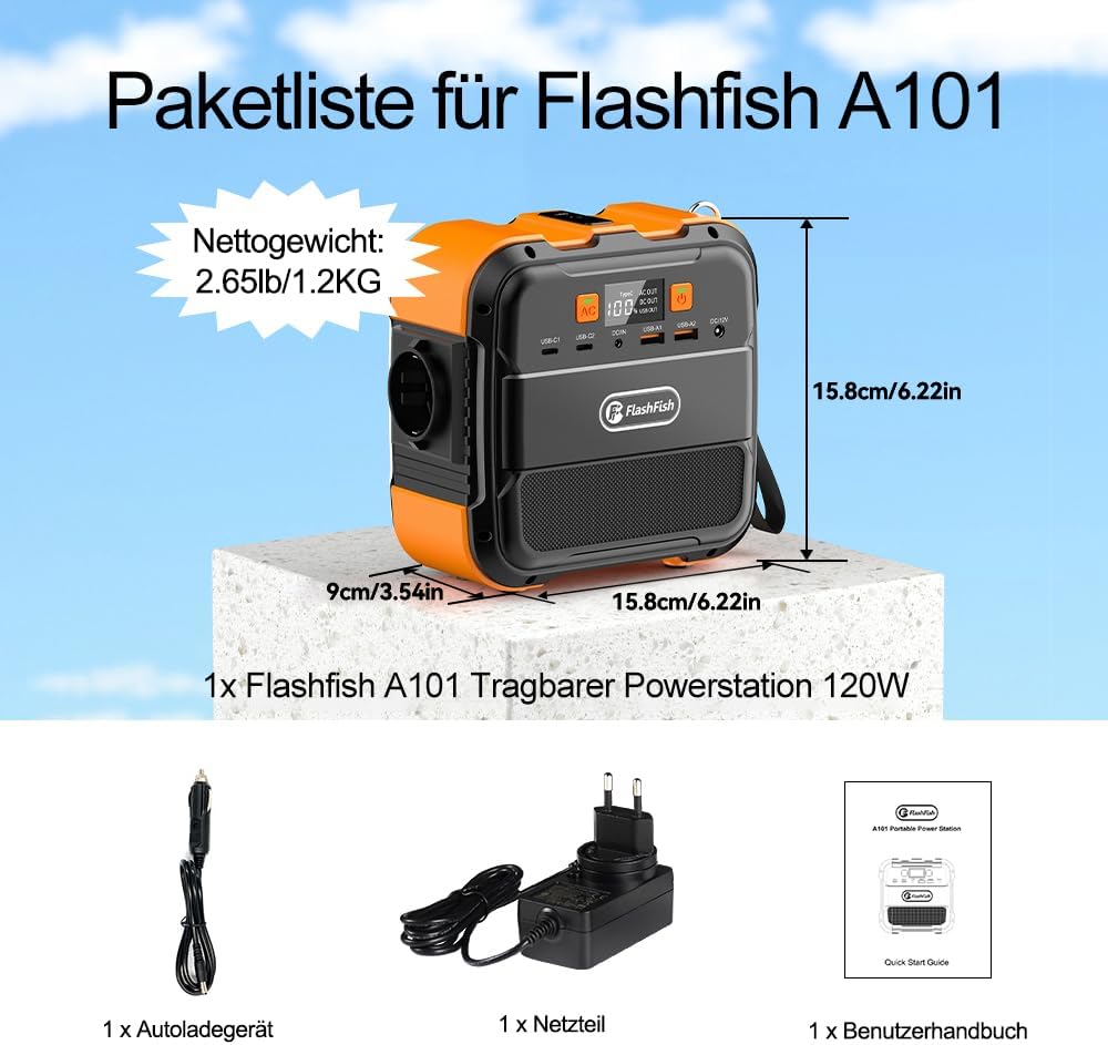 FlashFish Powerstation 98Wh 120W Solargenerator Akku mit 230V AC | Tragbare Solar generator mit Typ-