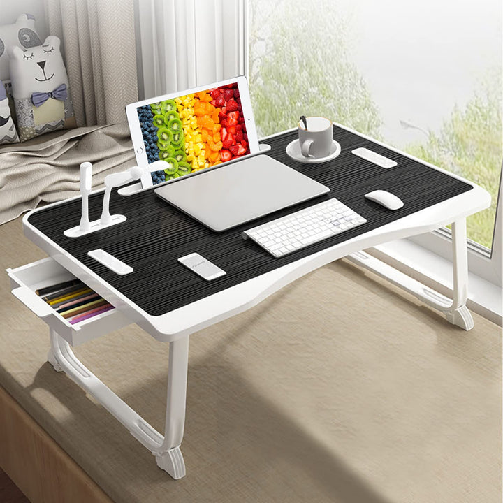 Laptop Betttisch, Faltbarer Laptop-Betttisch mit USB-Ladeanschluss, Griff, Kartenfach, Becherhalter,
