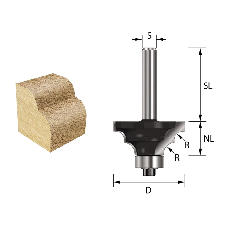 ENT 14522 Doppelradienfräser HW, Schaft (S) 12 mm, Durchmesser (D) 38,1 mm, NL 17,5 mm, R 6,35 mm, S