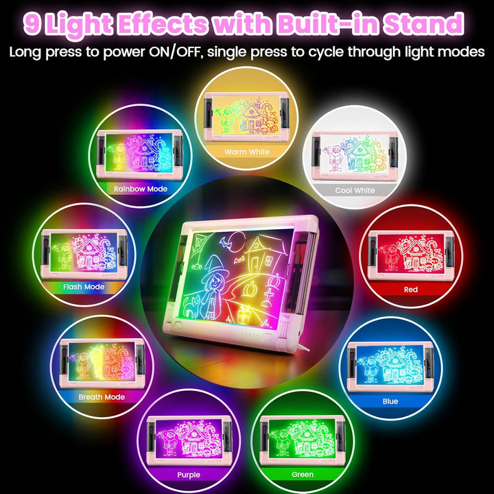 LED-Zeichentafel Wiederaufladbare, 15 Zoll Zeichenbrett & Memoboard 9 Farben Lichteffekte Neon Kunst