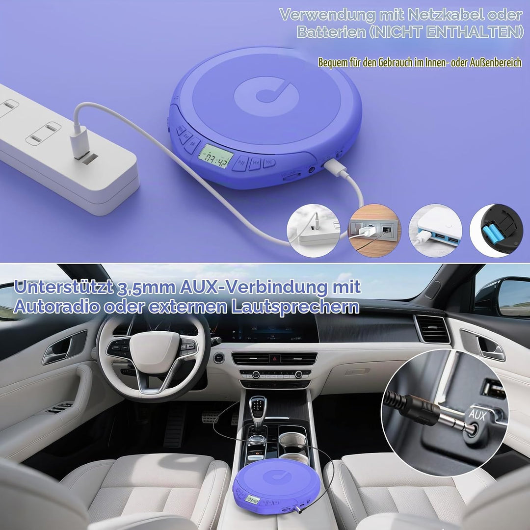 Gueray CD Player Tragbar Kinder Tragbarer CD-Player fürs Auto Discman mit Kopfhörer LCD-Display Unte