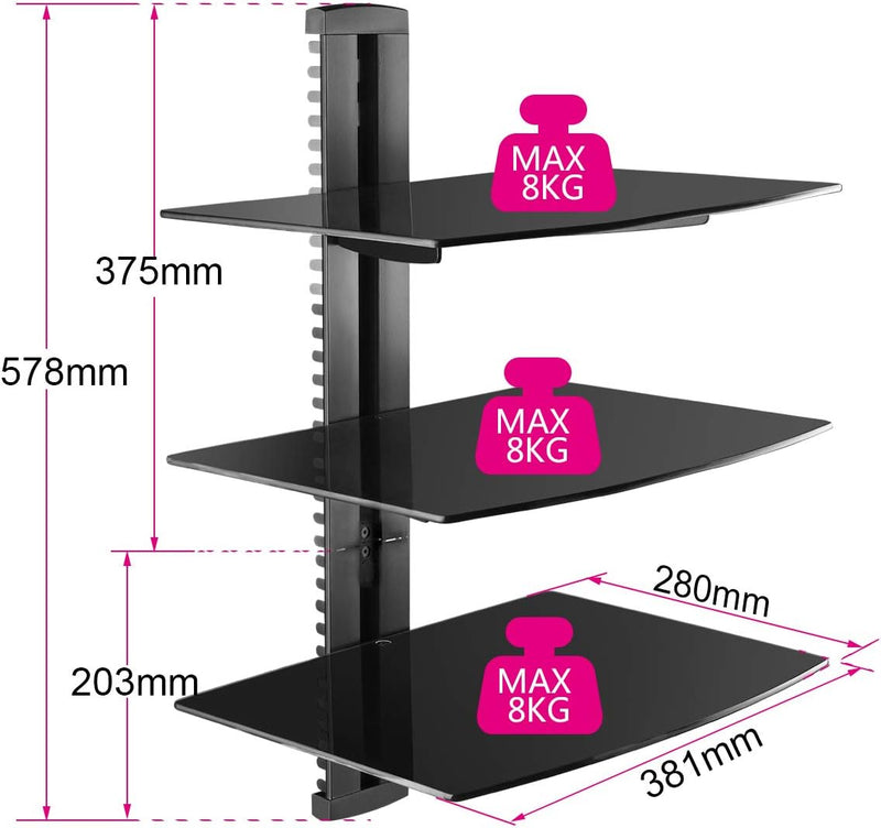 Suptek 3 Floating Regal Multimedia Wandregal TV Rack Wandhalterung Mit Verstärktem Gehärtetem Glasre