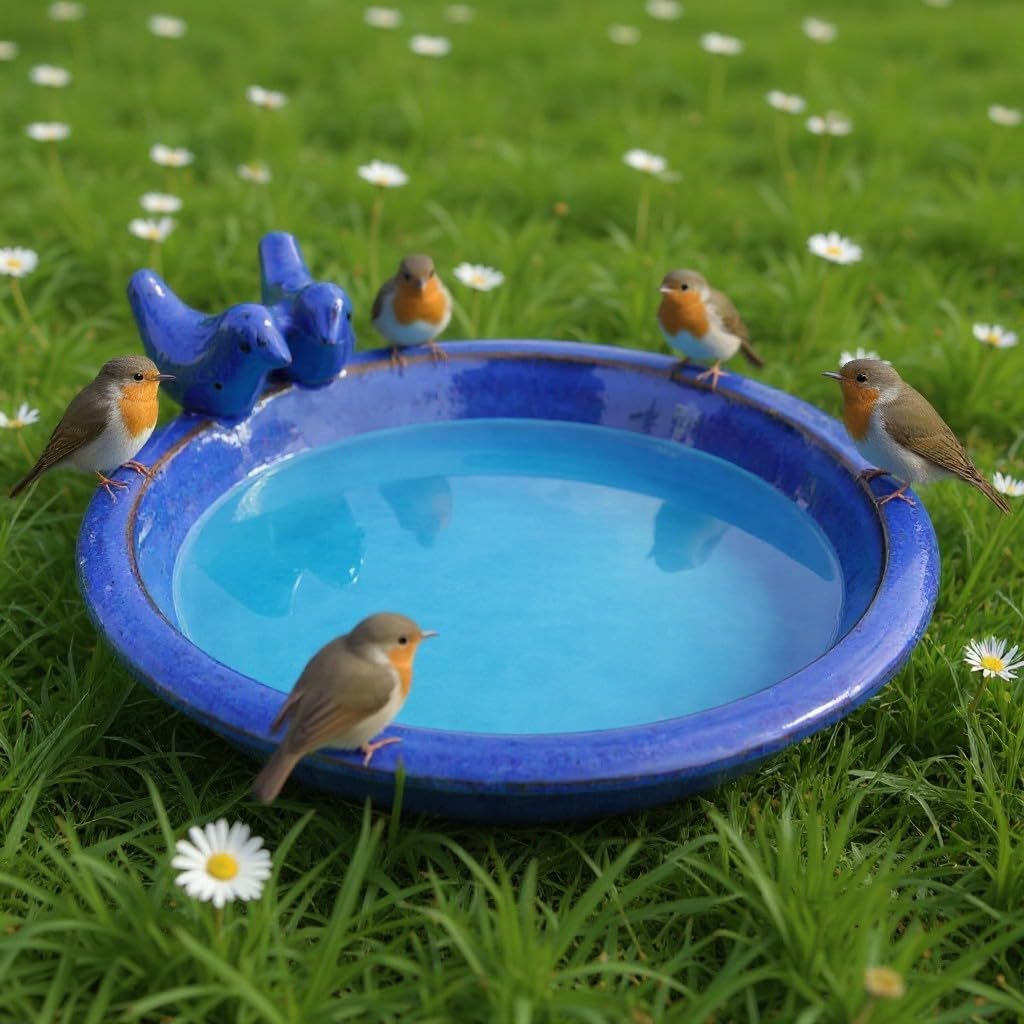 Vogeltränke Oasis aus glasierter Keramik, Ø 30 cm | mit Deko-Vögeln, Winterfest, Farbenfrohe Gartend