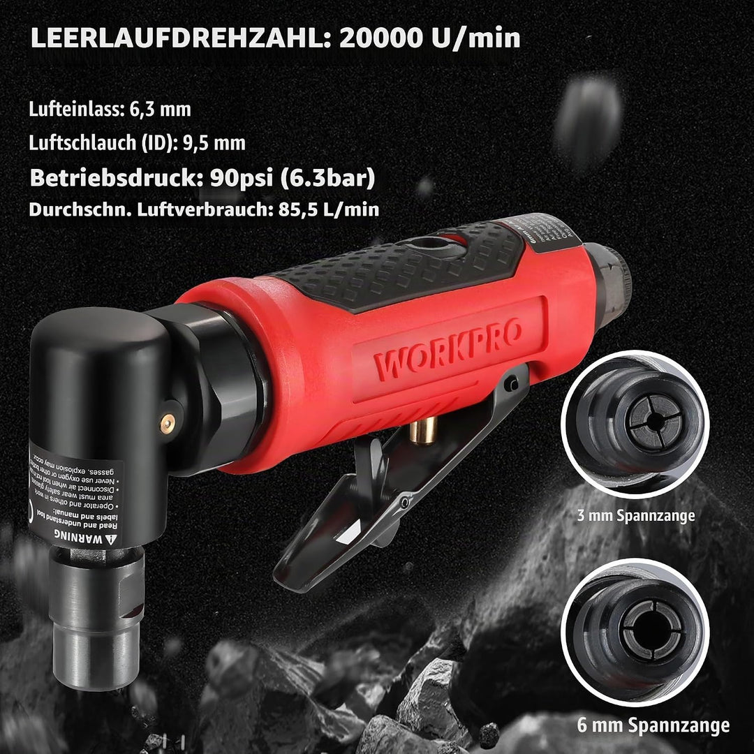 WORKPRO Druckluft Stabschleifer 90° Winkel Schleifer 1/4" (6,3mm) Druckluftschleifer, Druckluft Wink