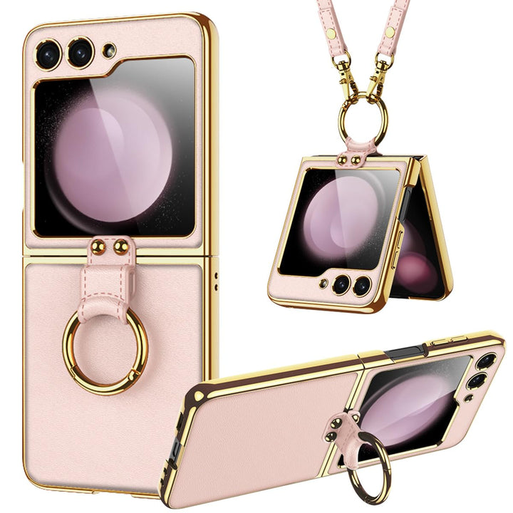 Miimall Lederhülle Kompatibel mit Samsung Galaxy Z Flip 6/Flip7 FE Hülle mit Band+Ring Ständer [HD D