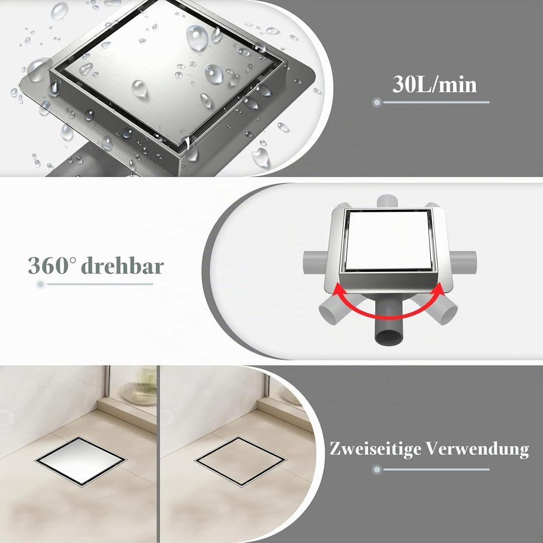 15x15cm Duschrinne Quadrat, Befliesbar Duschablauf Komplettset Edelstahl mit 360° Siphon Geruchsstop