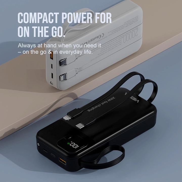 Powerbank 20.000 mAh Schwarz – 22,5 W Schnelllade-Powerbank mit PD 20W, integriertem USB-C- & Lightn