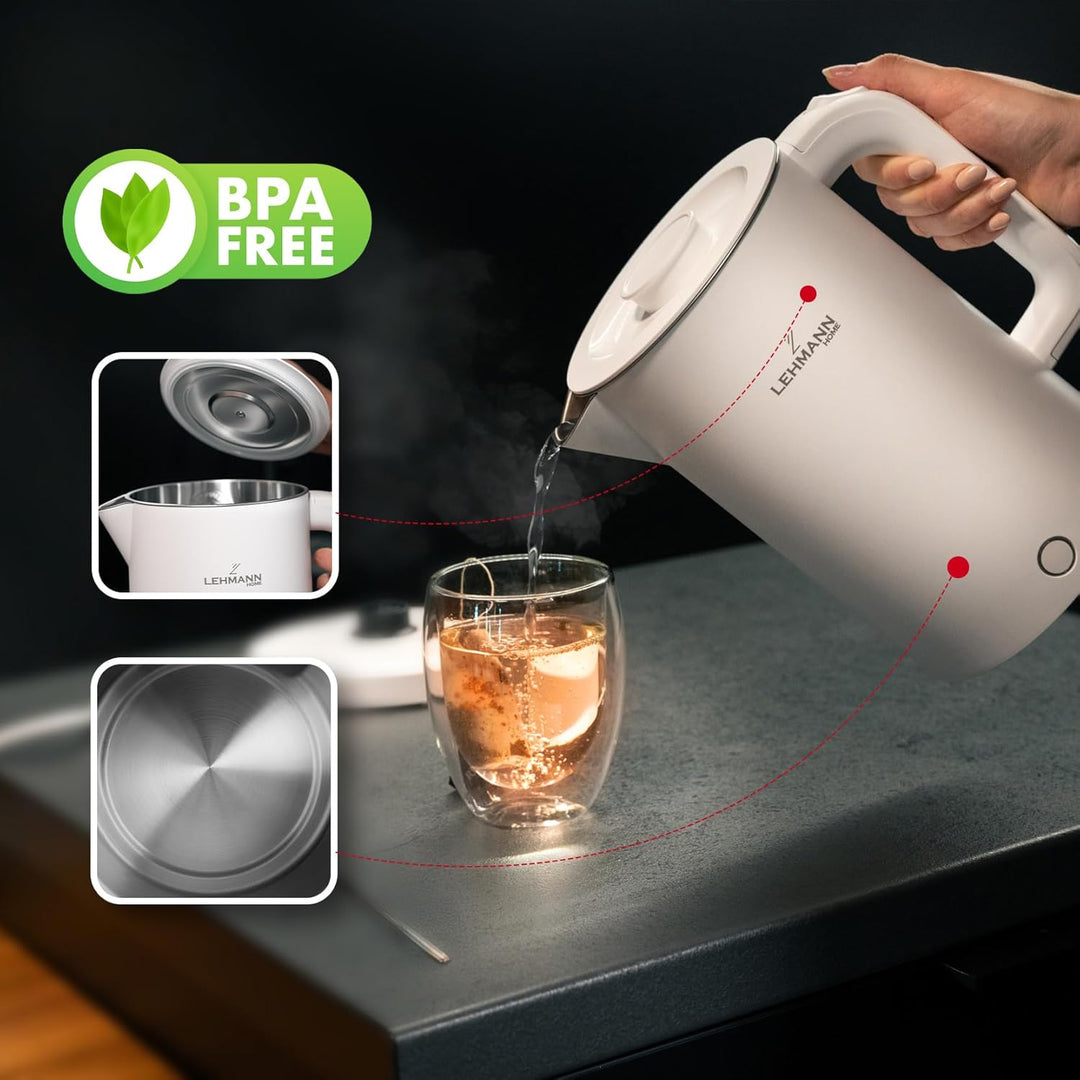 LEHMANN Elektrischer Wasserkocher Edelstahl 1,7L, 2200W, Schnelles Aufheizen, Doppelwand Design, 360