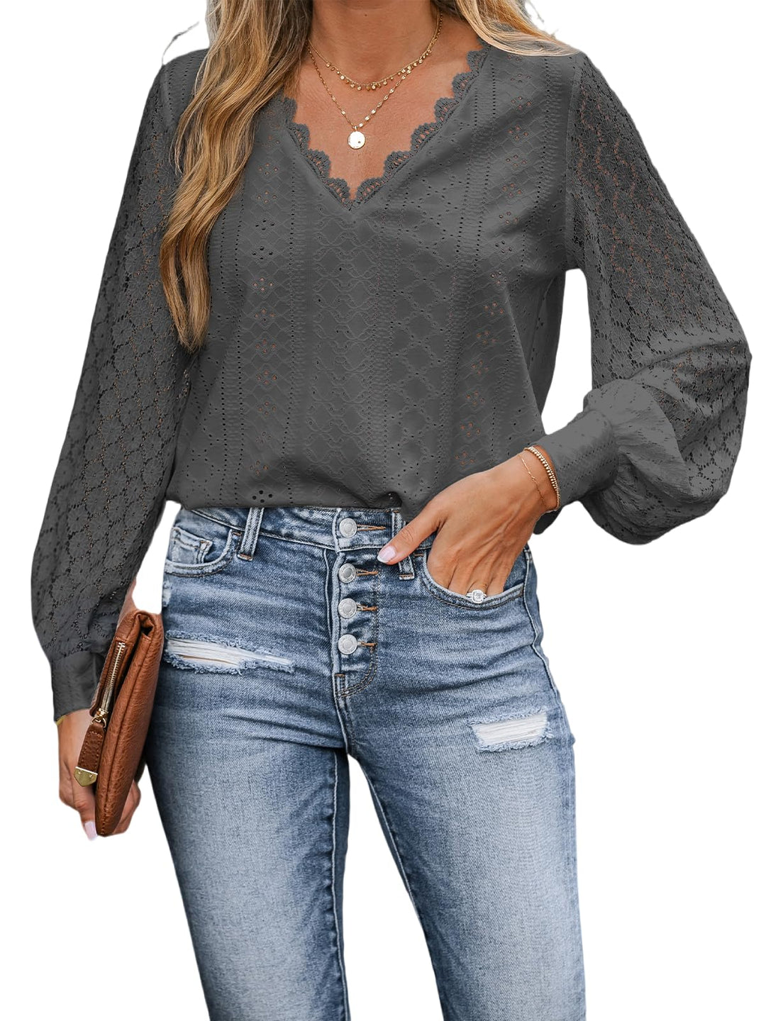 CUPSHE Bluse Damen Elegant Langarmshirt V-Ausschnitt Mit Spitzen Oberteil | Lässig Tunika Wellenkant