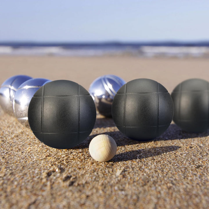Relaxdays Boule Kugeln, 8 Metall-Kugeln, Set mit Zielkugel & Abstandsmesser, Tragetasche, Boccia Spi