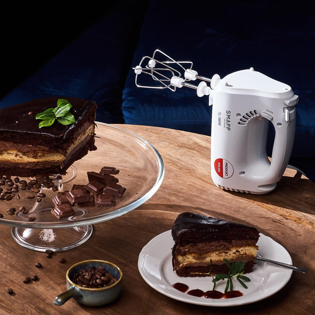 SMAPP 451.4 Handmixer, 580W, Weiss Küchenmixer, 5 Geschwindigkeiten + Turbo Boost, 2 Rührbesen und 2