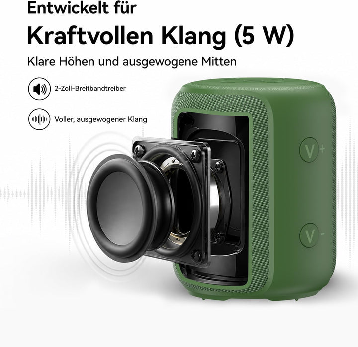 Bobtot Tragbarer Bluetooth-Lautsprecher, 5W IPX6, Grün | TWS Koppelbar, 15 Akku Boxen, Kraftvoller S