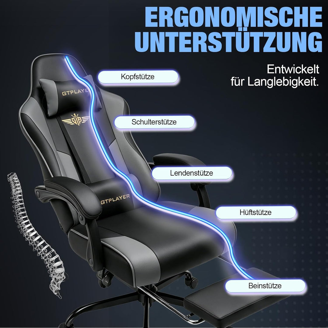 GTPLAYER Gaming Stuhl Chair Gamer Sessel - Ergonomischer Gamer Stuhl mit Fussstütze Kopfstütze und L