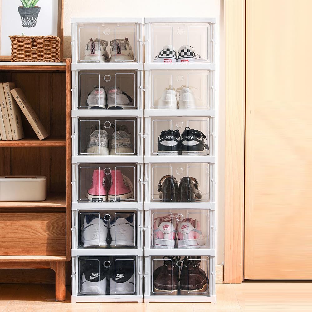 OHMG 6 Stück Schuhboxen, Aufbewahrungsboxen aus Kunststoff, transparent, stapelbar, faltbar, Regal f