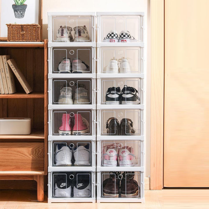 OHMG 6 Stück Schuhboxen, Aufbewahrungsboxen aus Kunststoff, transparent, stapelbar, faltbar, Regal f