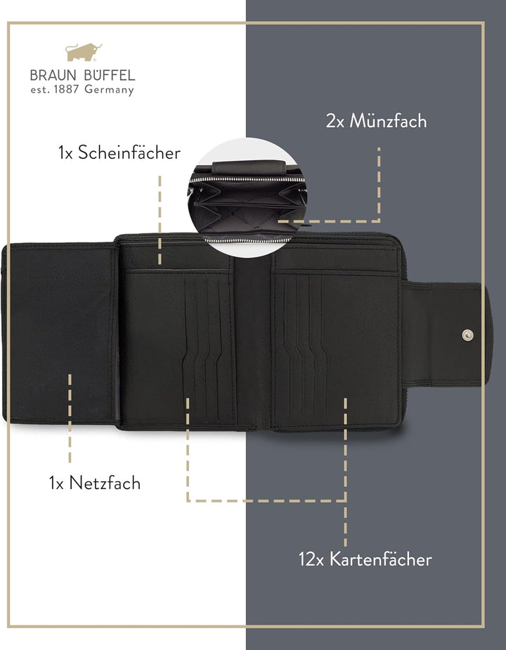 BRAUN BÜFFEL - Geldbörse Damen aus echtem Rindsleder Golf 2.0 - Trifold Geldbeutel Portemonnaie gerä