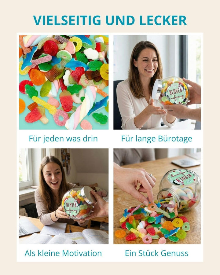 Nervennahrung Süssigkeiten-Glas – leckere Süssigkeiten-Mischung in schönem Schräghalsglas, 1000 g, N