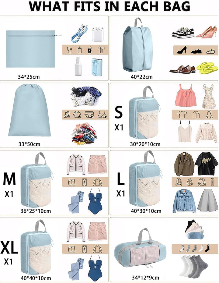 Kompressionspackwürfel für Koffer, 8 Stück erweiterbare Reisepackwürfel für Rucksack, ultraleichte R