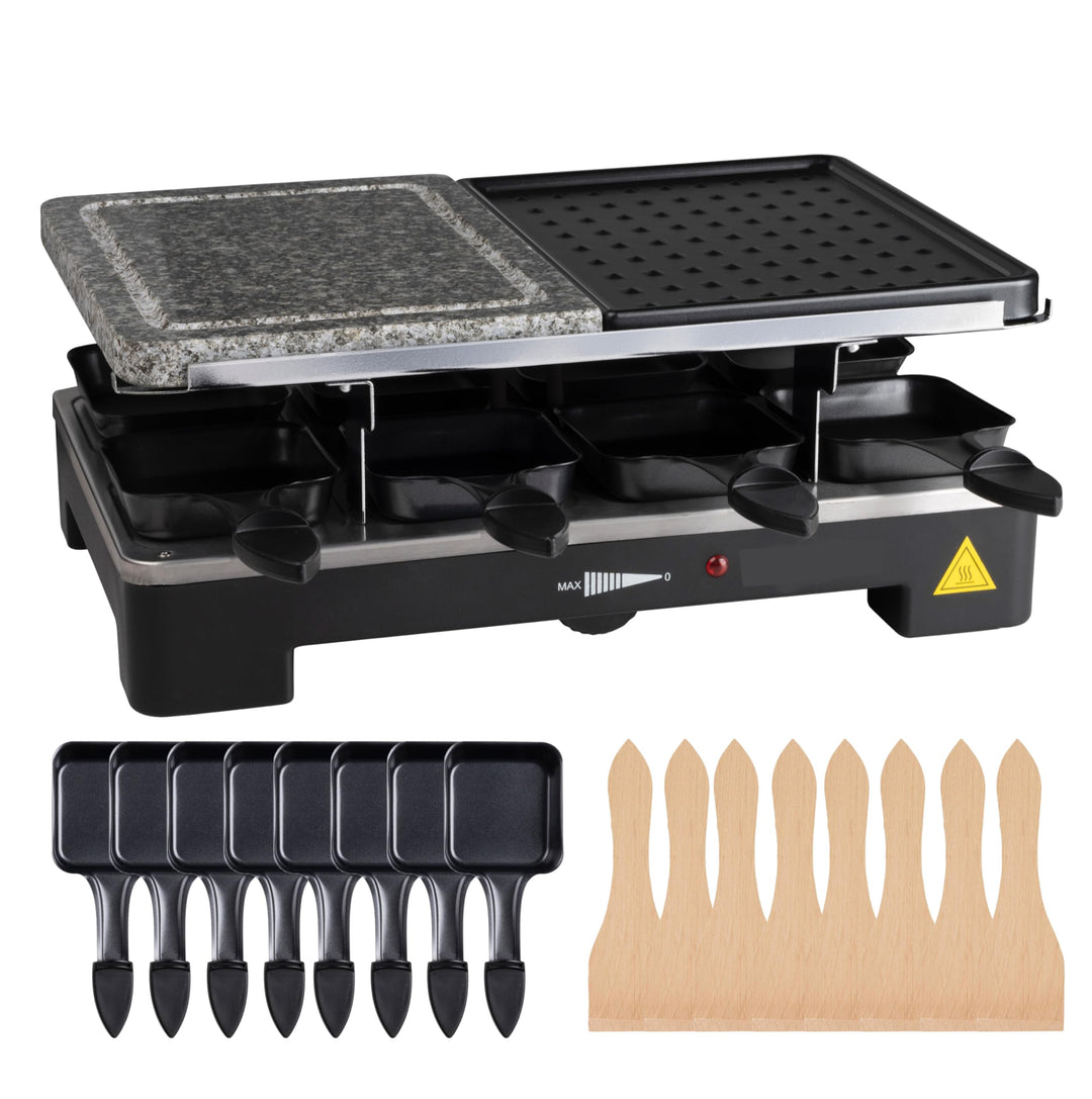8 Personen Set Raclette - Mit Grillplatte & Steinplatte Funktion - Tischgrill inkl. Pfännchen & Scha