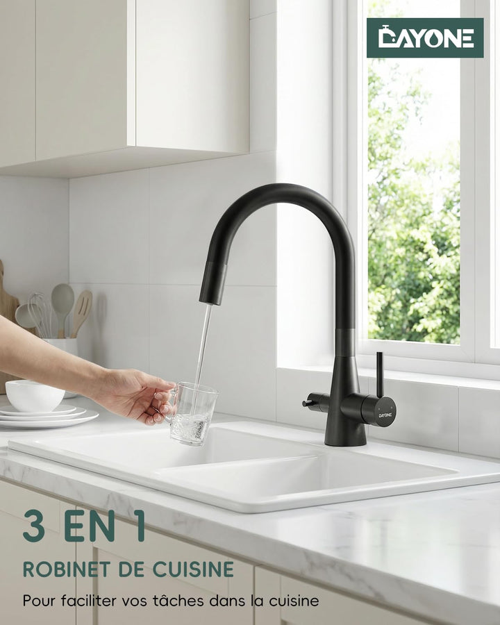 DAYONE 3 Wege Schwarz Wasserhahn Küche Flexibel, 3 in 1 Mischbatterie für Wasserfilter Osmose, 360°