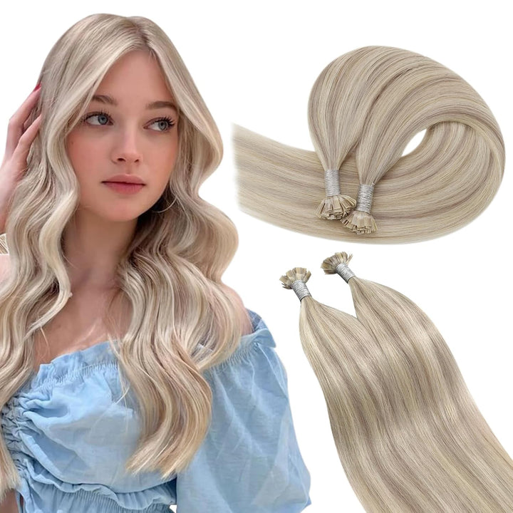 Ugeat Keratin Extensions Echthaar Flat Tip 45cm Keratin Haarverlängerung Echthaar Gesträhnt Aschblon