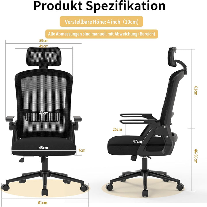 naspaluro Bürostuhl Ergonomisch mit Verstellbarer Armlehnen, Schreibtischstuhl mit Kopfstütze, Atmun