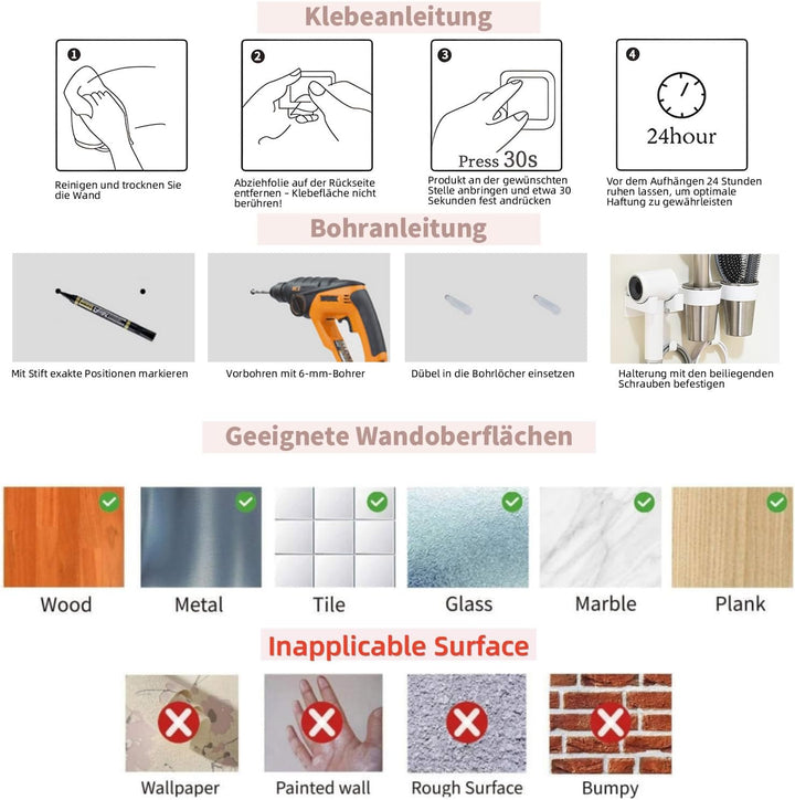 Föhn und Glätteisen Halterung, Fönhalterung ohne Bohren aus hochwertigem Aluminium in Weiss, hitzebe