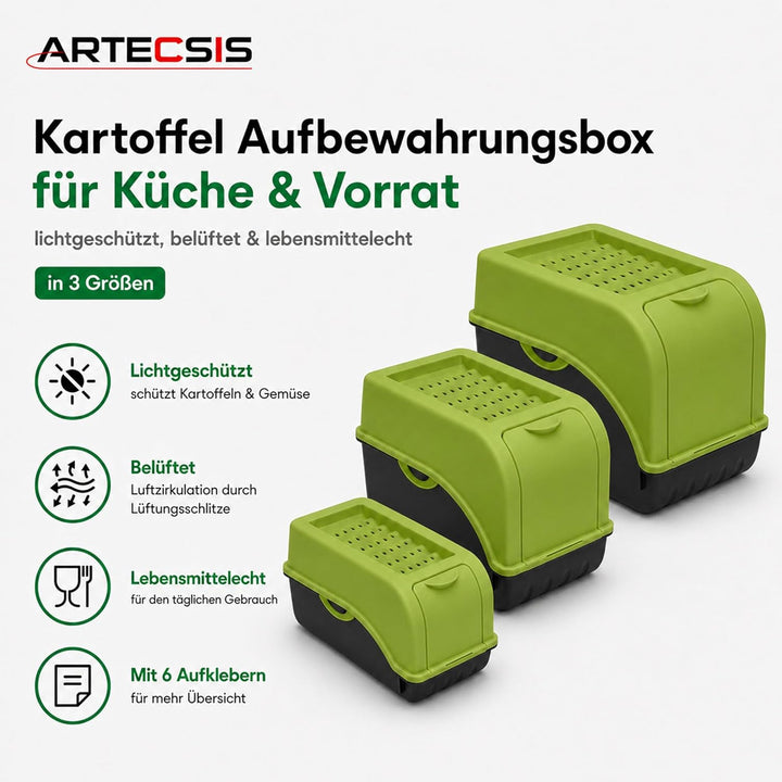 ARTECSIS Kartoffel Aufbewahrungsbox grün 2er Set I Gemüsebox Kartoffelbox mit Deckel für ca. 4 kg Ka