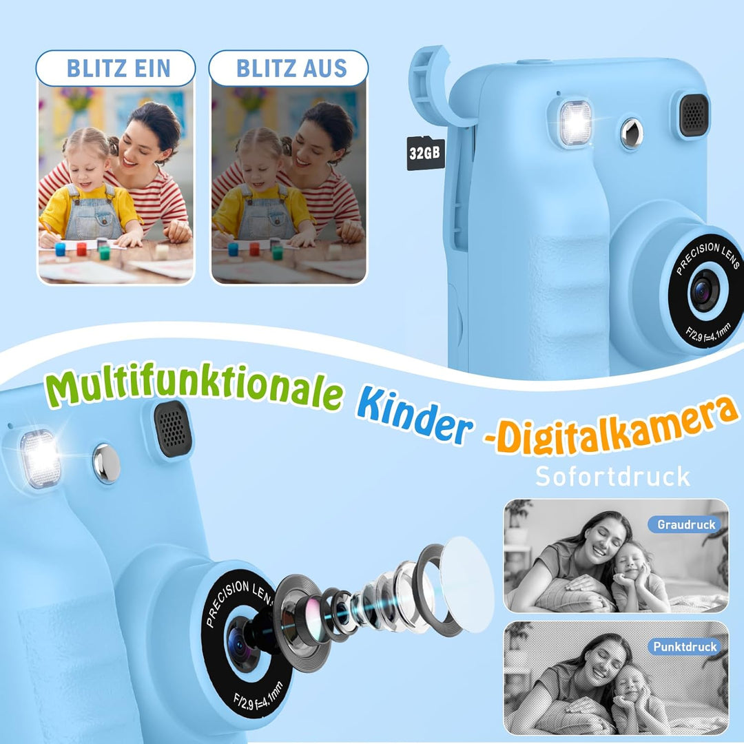 Kinderkamera Sofortbildkamera, 2.4" HD Bildschirm Kinderkamera mit 32 GB Spielzeug ab 3 4 5 6 Jahren