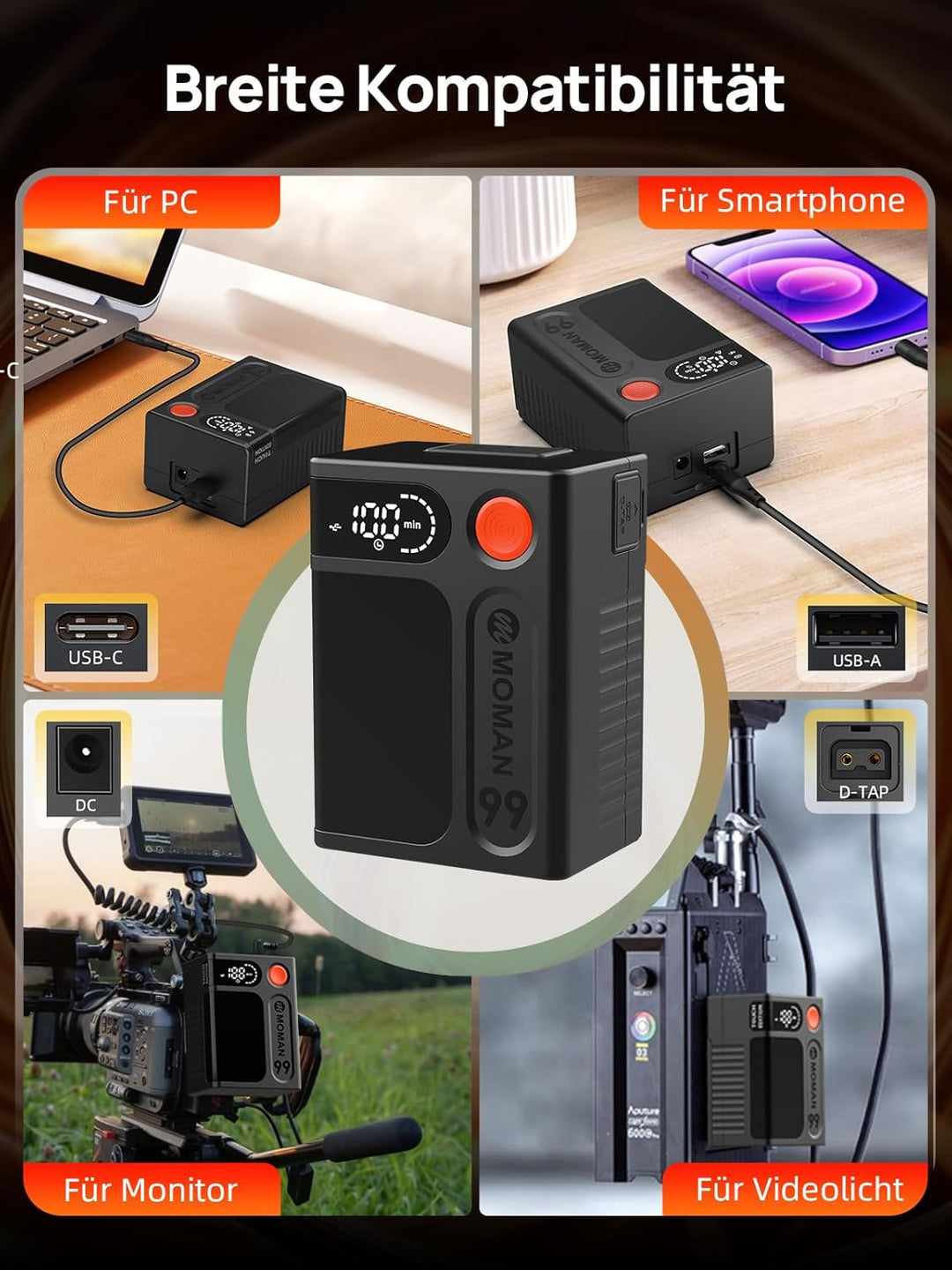 V Mount Akku, Moman Power 99 Touch Mini V-Lock Batterie 99Wh/6900mAh mit Berührungstaste&LED Bildsch