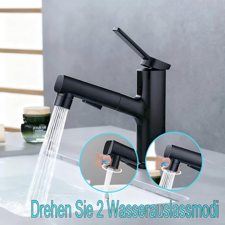 Wasserhahn Bad mit Ausziehbar Brause, Armatur Badezimmer mit 2 Strahlarten, Einhebelmischer Waschbec