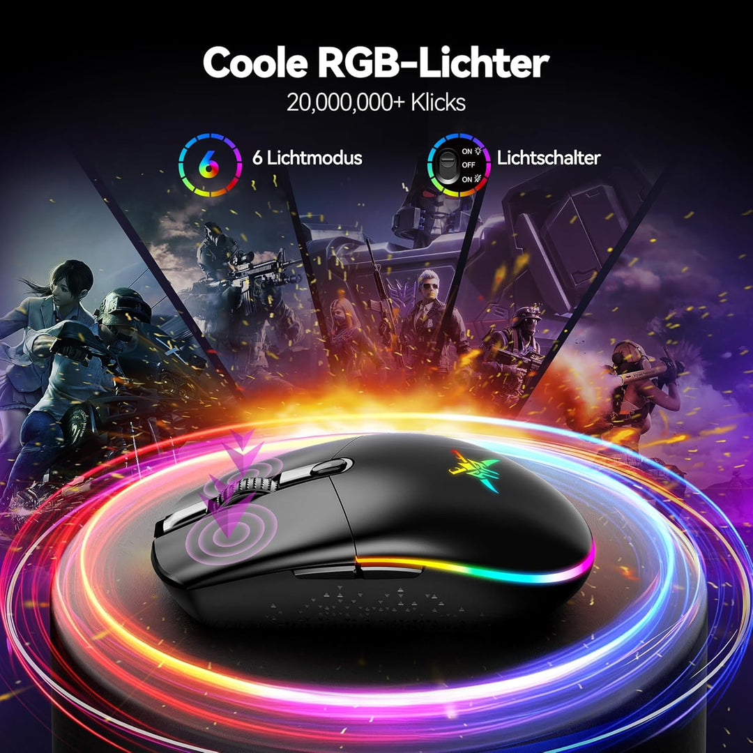 TECKNET Kabellose Gaming-Maus, RGB 2.4G/USB-C Kabelgebundene Gaming-Maus, 8000 DPI Wiederaufladbar,
